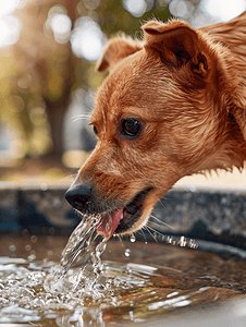 动物夏日摄影照片_狗在炎热的夏日从喷泉里喝水