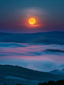 夜空中云雾缭绕的满月朦胧景观