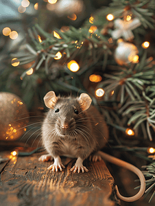 装修中摄影照片_木质背景上圣诞装饰中的宠物鼠