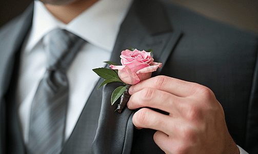 胸花新娘摄影照片_新郎将粉红玫瑰胸花别在他的夹克上