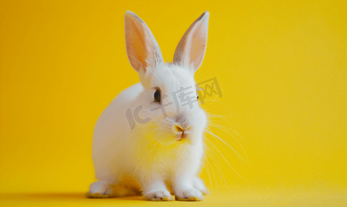 兔子黄色摄影照片_黄色背景上棕色耳朵的白兔家养动物