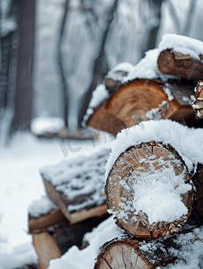 冬天的柴火堆被雪覆盖的柴火