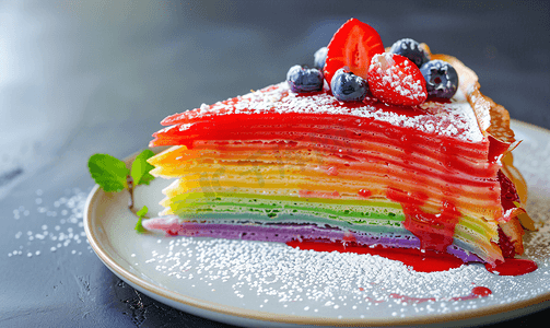 美食背景装饰摄影照片_彩虹可丽饼蛋糕佐草莓酱