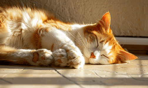 非常疲倦的胖谭和白猫在阳光下休息
