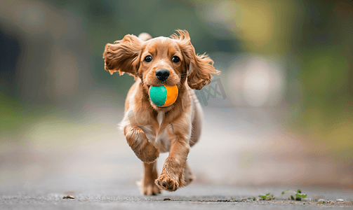 小狗追逐动图摄影照片_可爱的西班牙猎犬小狗叼着球奔跑
