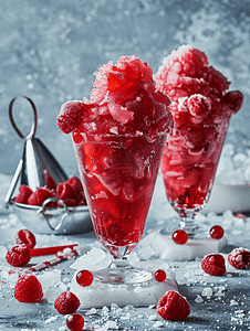 桌上的玻璃杯里放着红色刨冰雪锥、糖浆和糖果