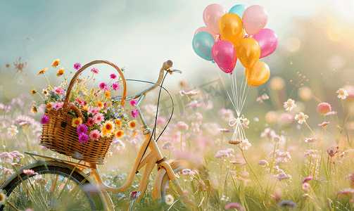 夏季自行车篮子里有气球和鲜花的老式自行车图片
