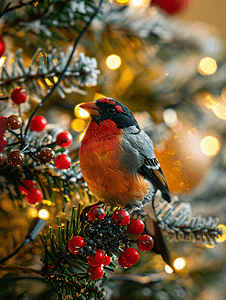 圣诞树树枝上的红腹灰雀和浆果玩具装饰