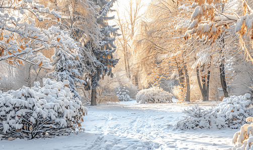 满头白雪摄影照片_冬天白雪覆盖的城市花园里的树木