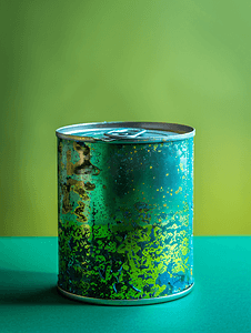 一罐蔬菜罐头中的蓝色和绿色霉菌