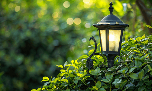 绿叶植物灌木丛中的一根美丽的老式经典灯柱