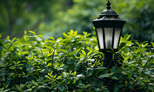 绿叶植物灌木丛中的一根美丽的老式经典灯柱