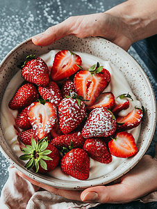 桌上盘子里的新鲜切片草莓和酸奶健康的维生素甜点