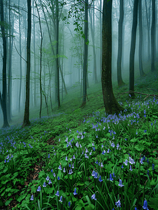 雾蒙蒙的森林地上开着花