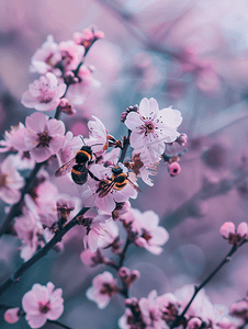 蜜蜂、大黄蜂和黄蜂在紫色粉红色的花朵中飞翔