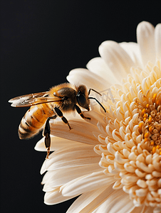 翠菊摄影照片_白色美丽菊花上的蜜蜂宏黑色背景复制空间