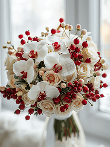 婚礼新娘捧花白色兰花玫瑰红色浆果