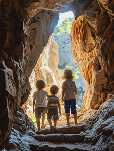 探索自然摄影照片_三个孩子探索山上的石灰岩洞