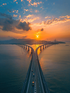 桥梁结构摄影照片_槟城大桥早晨日出鸟瞰图