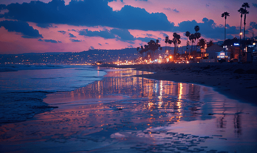 日落黄昏后的加州海滩