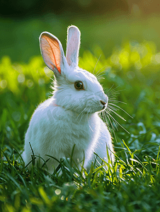 可爱兔子耳朵摄影照片_绿色草地上的白色毛茸茸的兔子复活节兔子绿色草地上的小美丽野兔