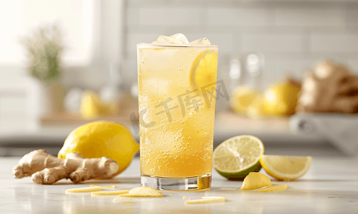 金色渐变文字框摄影照片_一杯加柠檬和酸橙的有机姜汁汽水