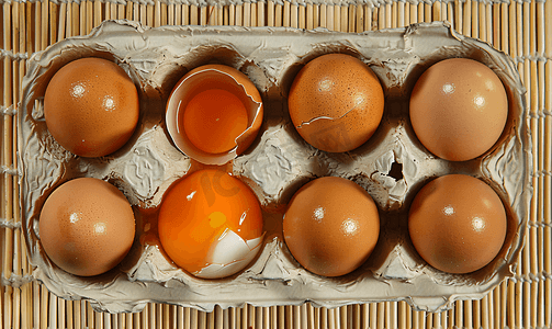 竹桌上塑料盒中六个棕色鸡蛋的特写其中一个破蛋顶视图