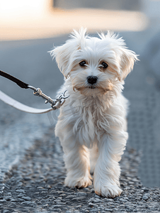绳子救人摄影照片_可爱的小马耳他犬小狗牵着绳子