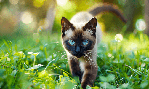 美丽的暹罗小猫穿过绿草