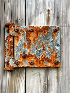 木栅栏上的旧生锈金属门铰链