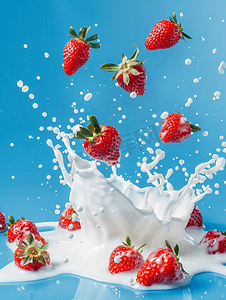 牛奶飞溅液体摄影照片_草莓落入牛奶中蓝色背景中突显