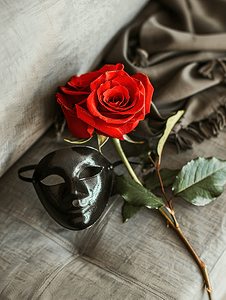 感受激情躺在沙发上的单红玫瑰和黑色面具的特写顶视图