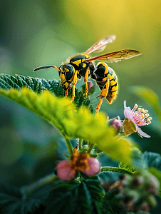 黄蜂摄影照片_一只黄蜂停在一朵覆盆子花上