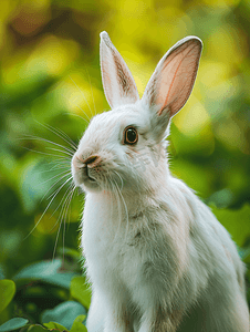 绿色自然背景上一只有趣的白兔的肖像