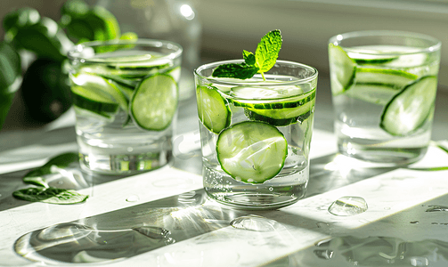 饮料碳酸摄影照片_桌上玻璃杯里放着黄瓜的清爽水自制抗氧化饮料