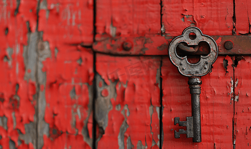 古老红色木门背景上大门上的古董铁钥匙