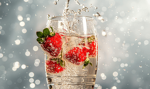 草莓溅入一杯香槟