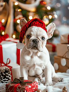 可爱的法国斗牛犬小狗坐着拿着圣诞礼物