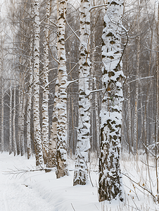 阴天里白雪皑皑的森林里的桦树和橡树