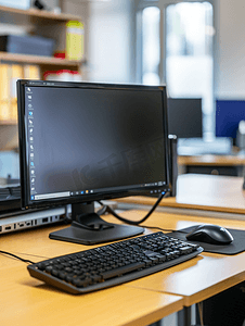 办公室桌子上的个人电脑桌子上的显示器键盘和鼠标