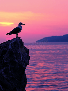 海上日落时的丁香粉紫色天空和鸟的轮廓