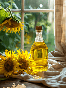玻璃瓶中的葵花籽油和木质背景上的花朵