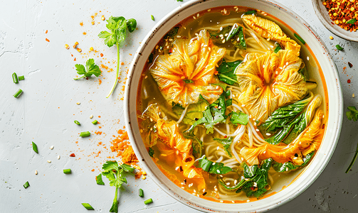 越南菜摄影照片_西葫芦花素面汤