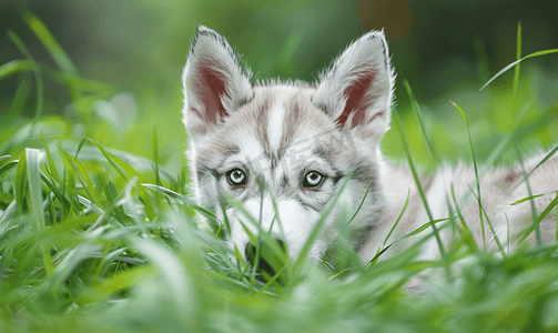 八周大的阿拉斯加雪橇犬幼崽透过草丛望去