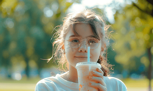 公园里一位戴眼镜的学生用吸管喝着生态纸杯里的饮料