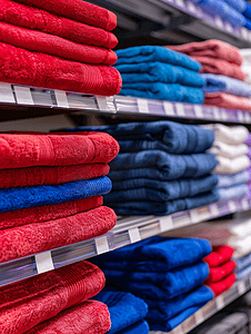 商店货架上成堆的红色和蓝色毛巾软焦点
