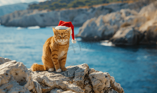 新年淘宝天猫摄影照片_悬崖上戴着圣诞老人帽子的愤怒猫