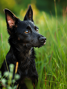 夏天草丛中的黑狗垂耳杂种