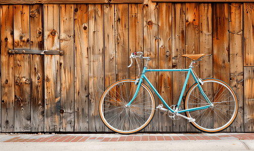 复古假期摄影照片_自行车的一部分复古风格自行车的特写靠在粗糙的木墙上