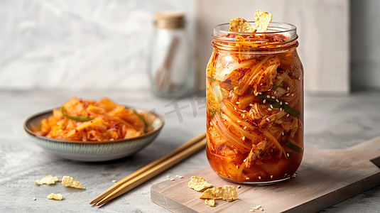 桌子上一大罐韩国泡菜图片
